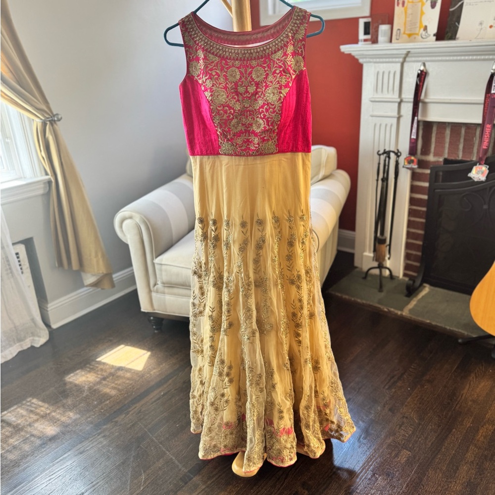 Gold and Pink Sleeveless Maxi Lehenga for Wedding Guest
